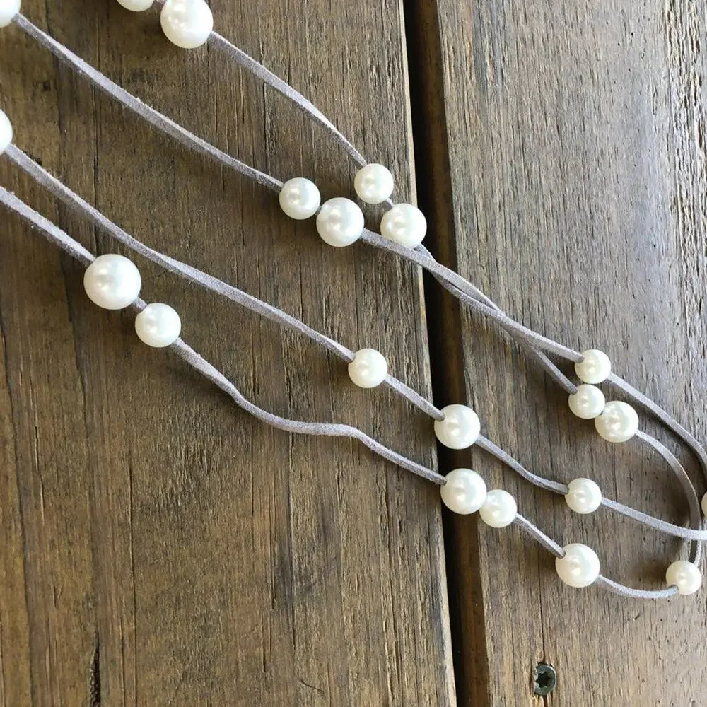 Grey Leather and Pearl Lariat Necklace Adjustable Leather Strap